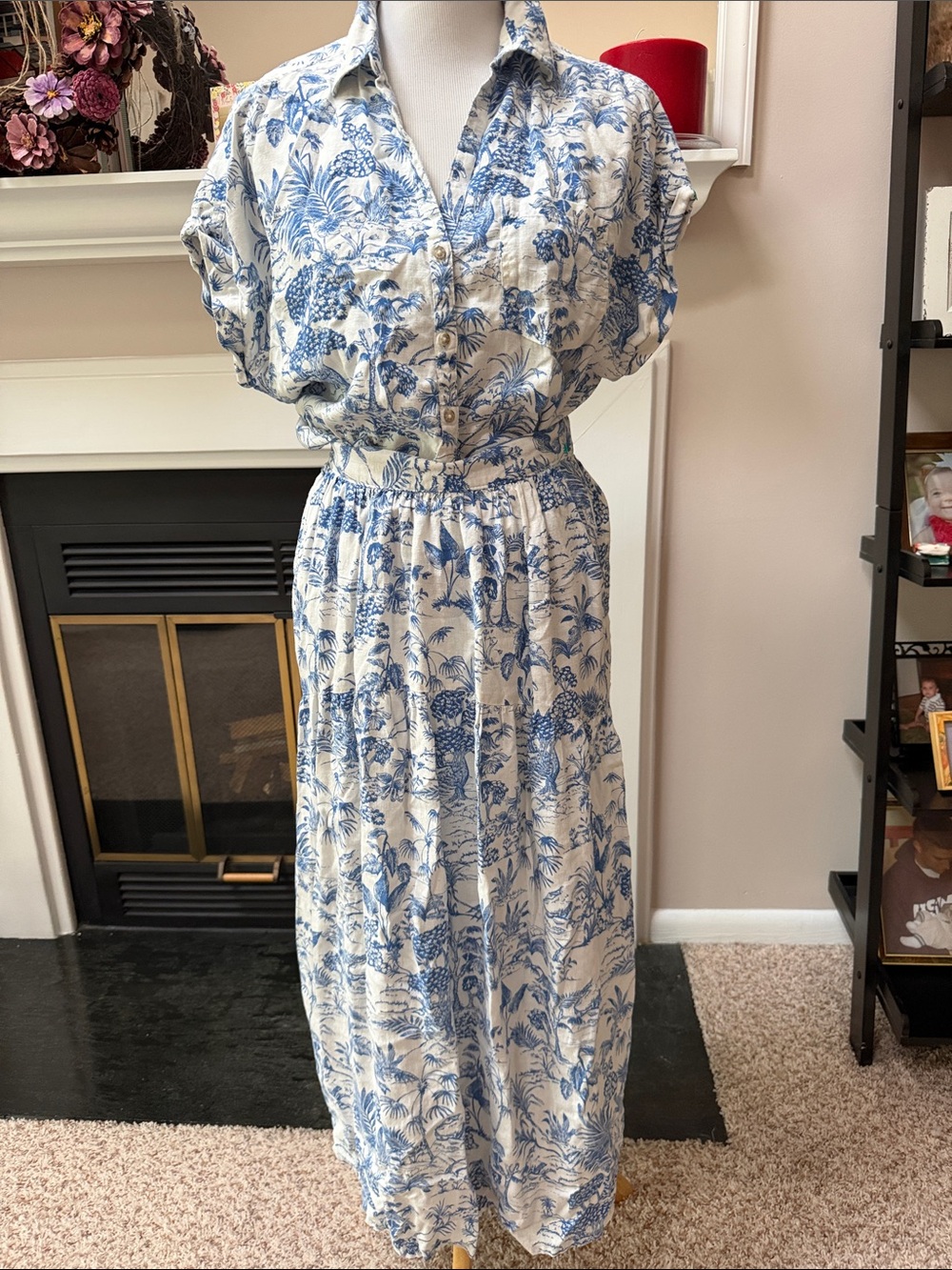 Blue & White Floral Button-Front Maxi Dress